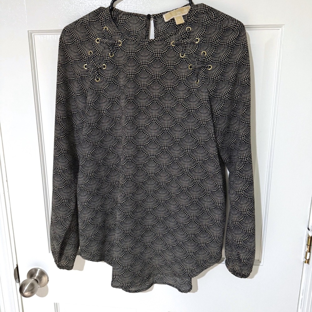 Michael Michael Kors Black Tan Geometric Fan Print Grommet Blouse Medium